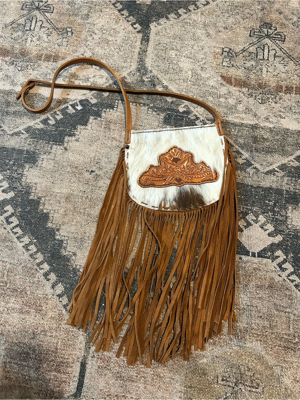 Fringe Crossbody Bag with Hair-on-Hide Accent - Brown
